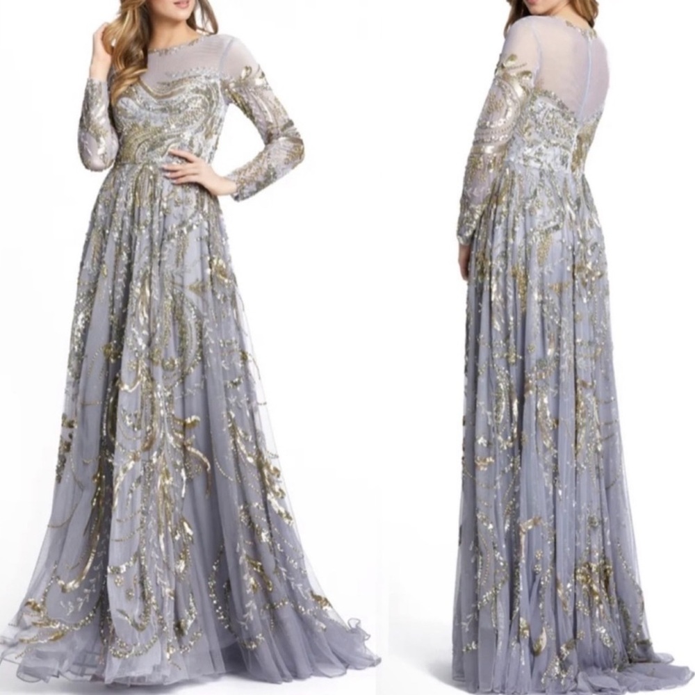 Mac Duggal Elegant Gray and Gold Embellished Evening Gown - Picture 2 of 7